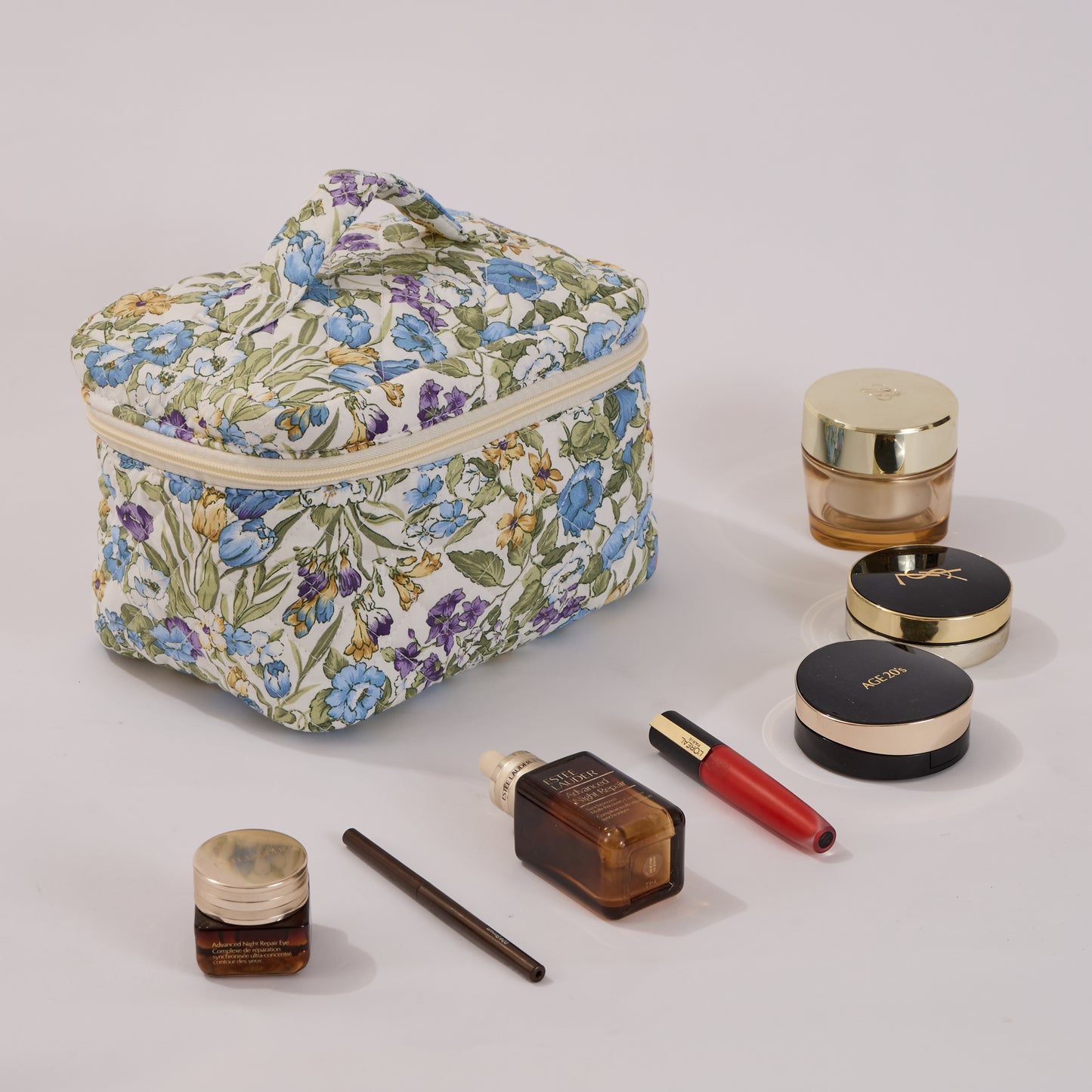 Countryside Wildflowers Quilted Makeup Bag - Small Pouch Travel Toiletry Organizer