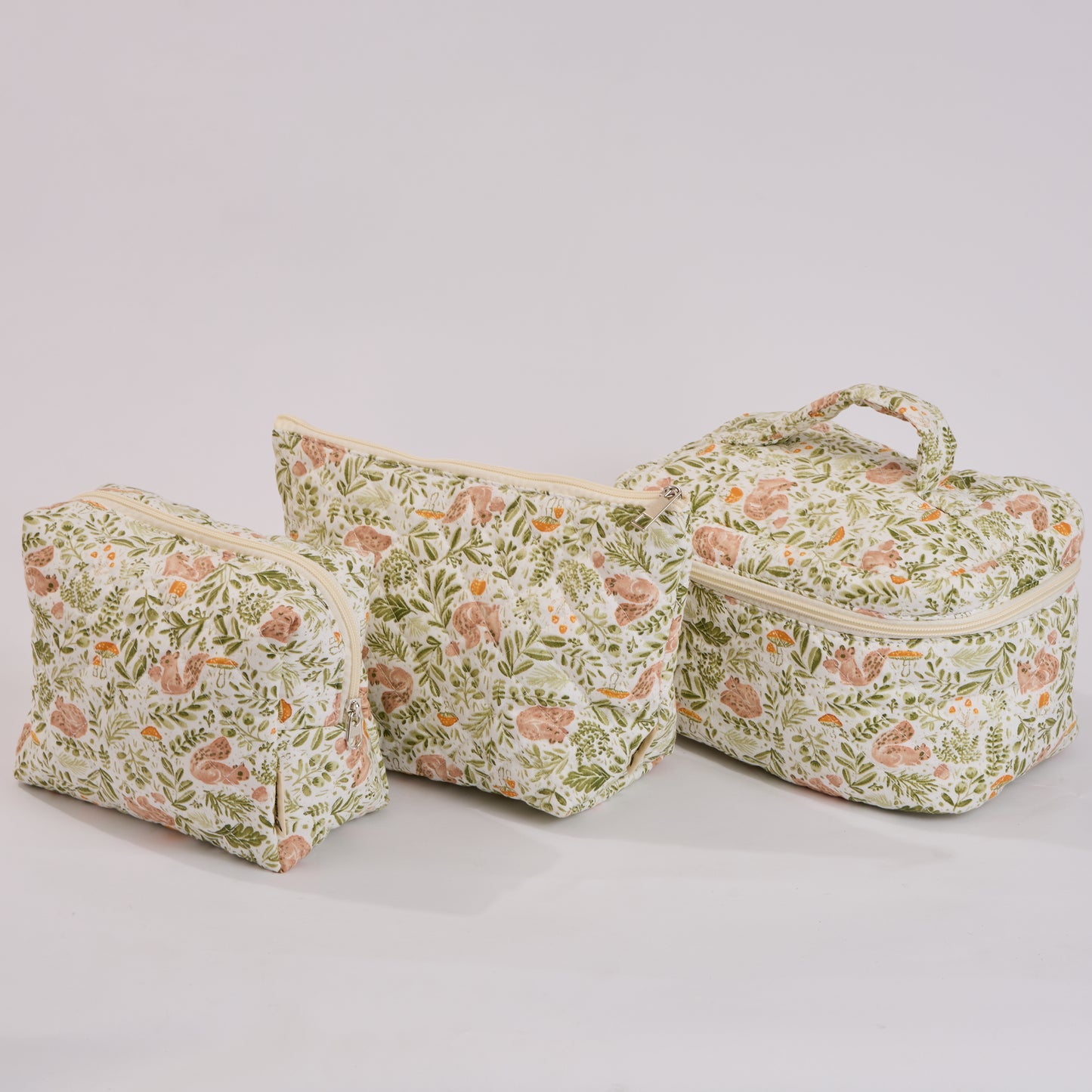 Forest Friends Botanical Quilted Makeup Bag - Small Pouch Travel Toiletry Organizer