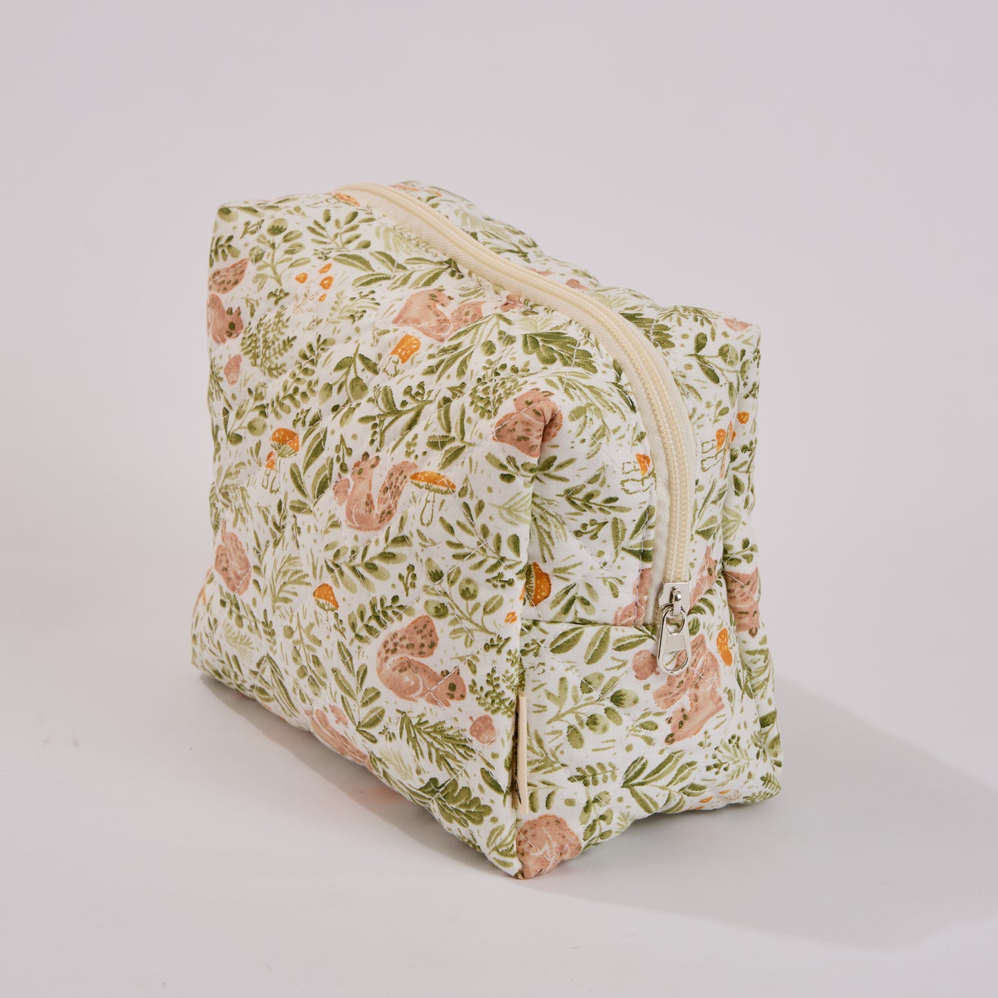 Forest Friends Botanical Quilted Makeup Bag - Small Pouch Travel Toiletry Organizer