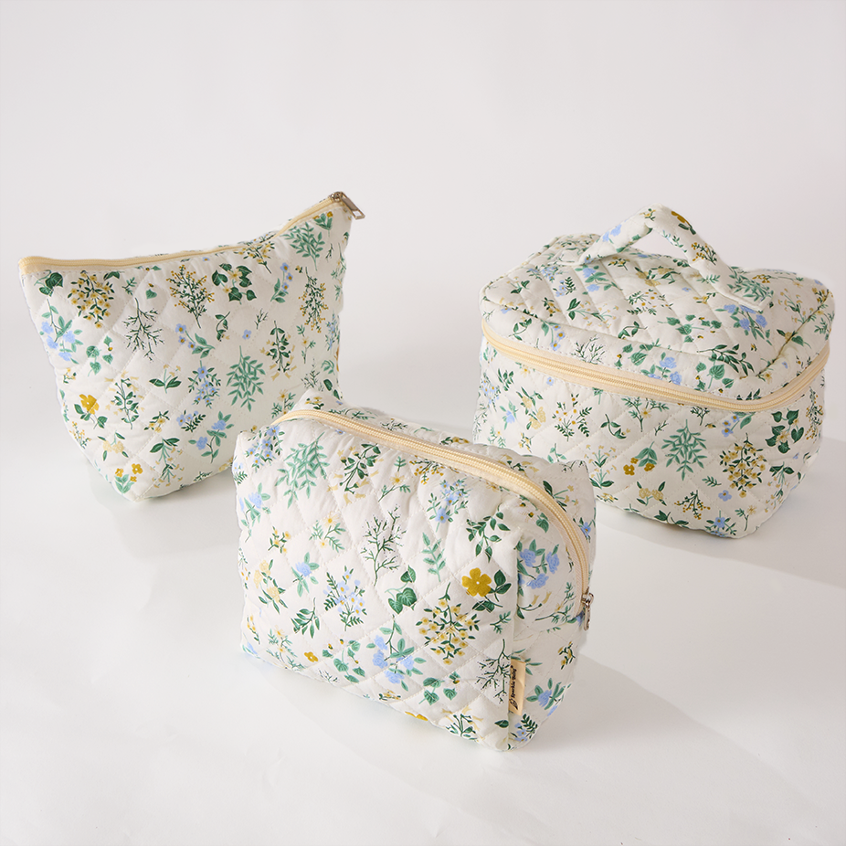 Garden Grace Floral Quilted Makeup Bag - Small Pouch Travel Toiletry Organizer