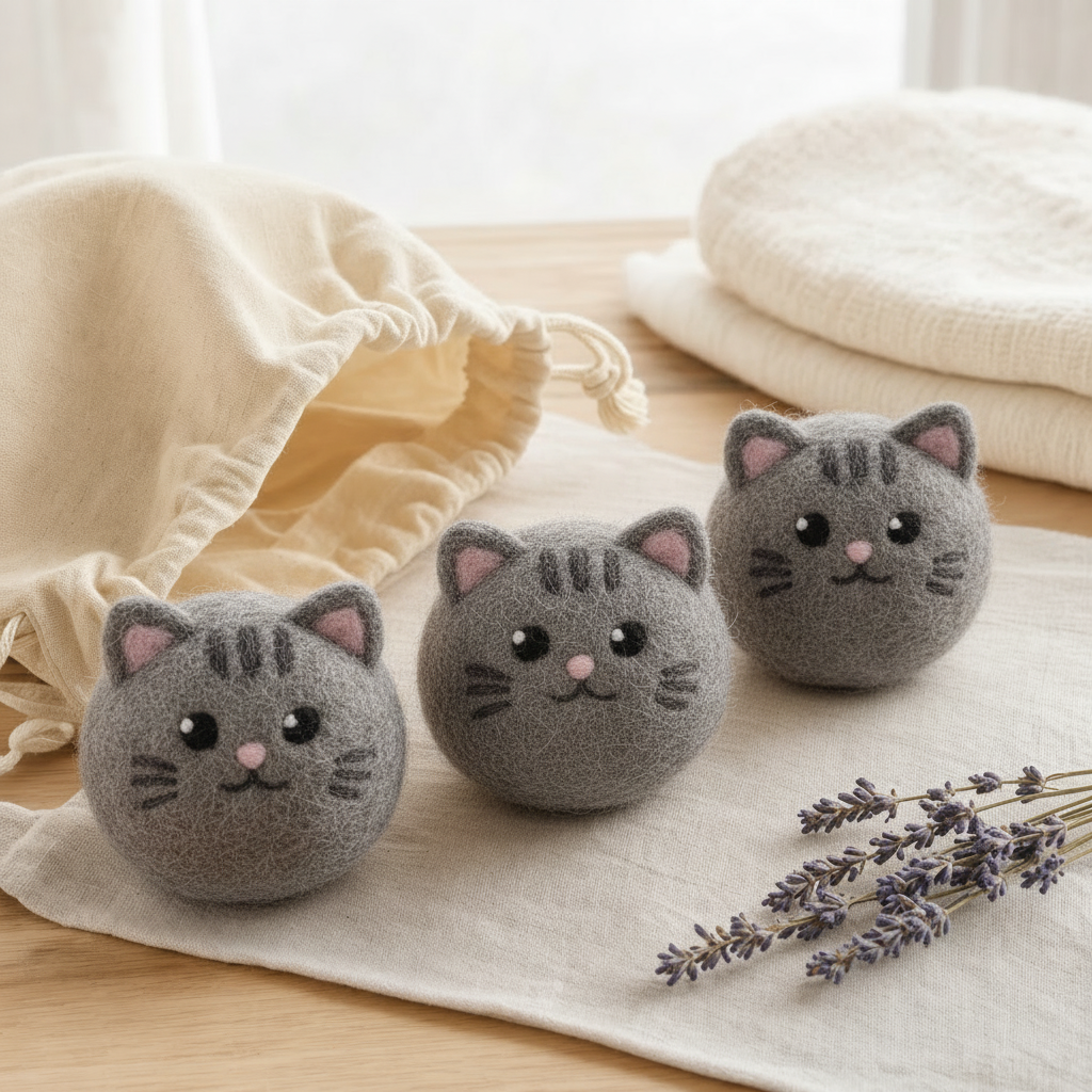 Gray Tabby Cat Wool Laundry Dryer Balls with 3D Ears – Set of 3