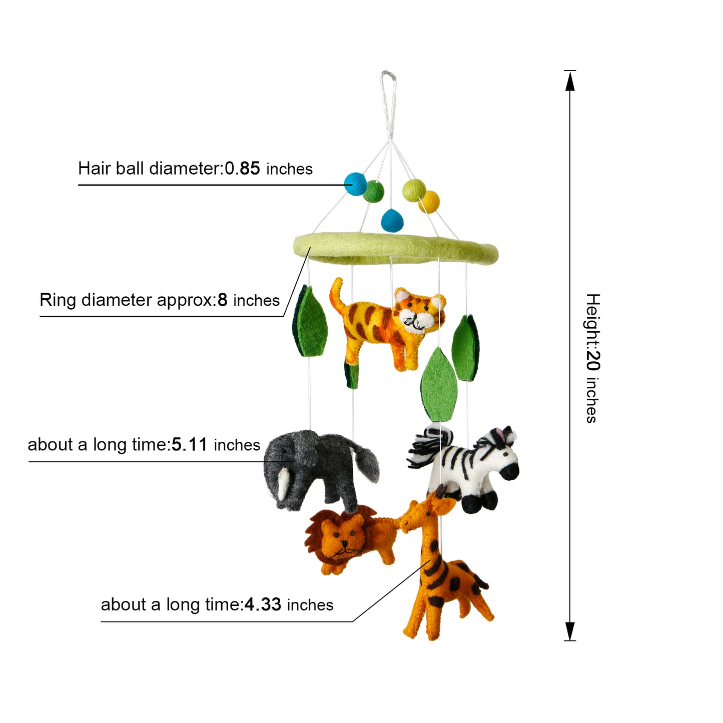 Handmade Wool Felt Baby Mobile For Crib Nursery - Tiger, lion, Zebra, elephant Mobile Toys