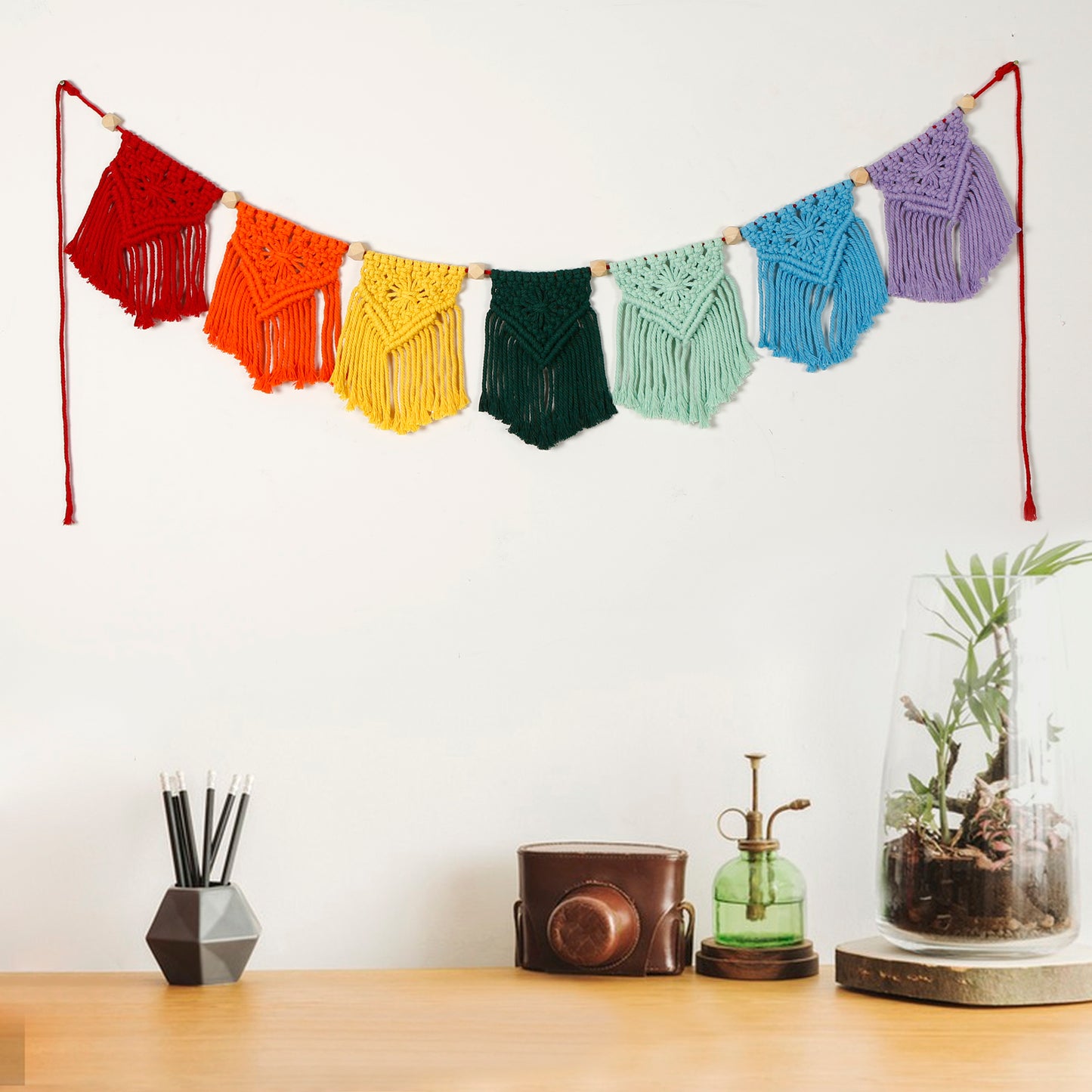 Hand Woven Cotton Macrame Wall Hanging Curtain Rainbow Banner - Aurora