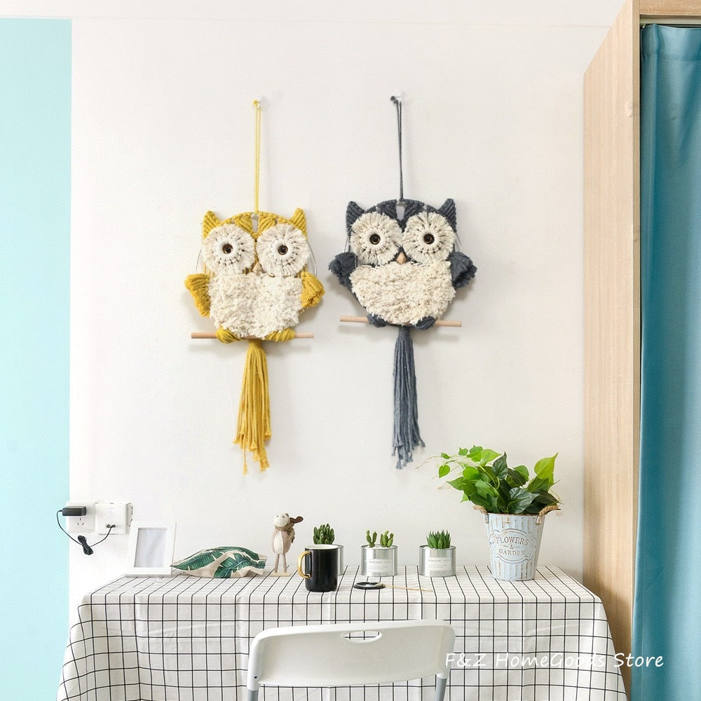 Handmade Woven Owls Cotton Macrame Wall Hanging Home Decor For