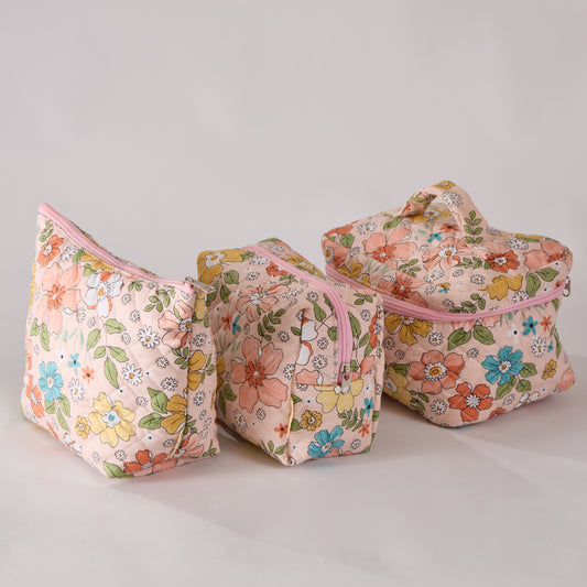 Bloom Floral Cosmetic Bag Quilted Makeup Pouch - Travel Toiletry Organizer