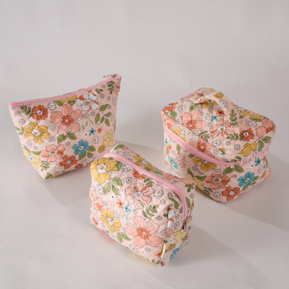 Bloom Floral Cosmetic Bag Quilted Makeup Pouch - Travel Toiletry Organizer