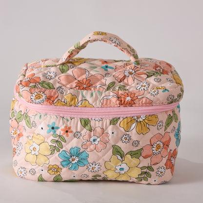 Bloom Floral Cosmetic Bag Quilted Makeup Pouch - Travel Toiletry Organizer
