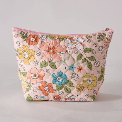 Bloom Floral Cosmetic Bag Quilted Makeup Pouch - Travel Toiletry Organizer