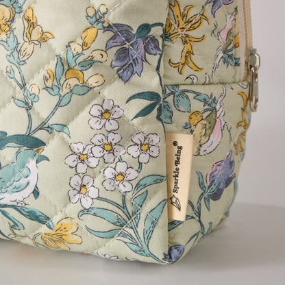 Spring Serenity Floral Quilted Makeup Bag - Small Pouch Travel Toiletry Organizer