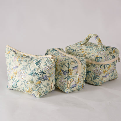 Spring Serenity Floral Quilted Makeup Bag - Small Pouch Travel Toiletry Organizer