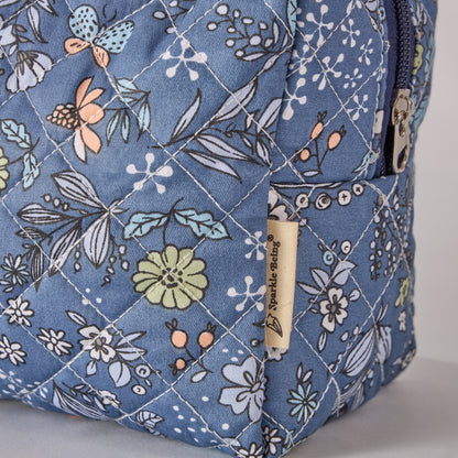 Whispering Flowers Quilted Makeup Bag - Small Pouch Travel Toiletry Organizer