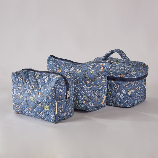 Whispering Flowers Quilted Makeup Bag - Small Pouch Travel Toiletry Organizer