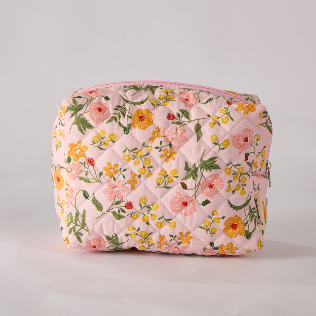 Flower Trail Floral Quilted Makeup Bag - Small Pouch Travel Toiletry Organizer