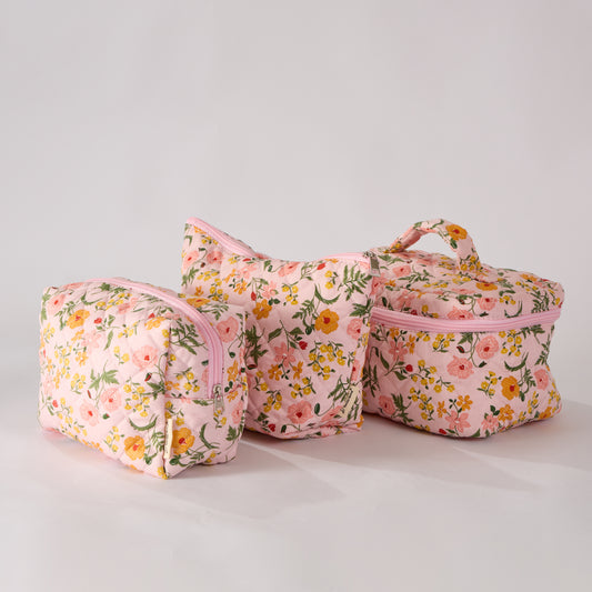 Flower Trail Floral Quilted Makeup Bag - Small Pouch Travel Toiletry Organizer
