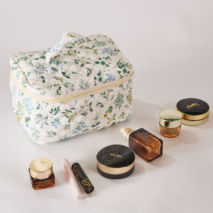 Garden Grace Floral Quilted Makeup Bag - Small Pouch Travel Toiletry Organizer