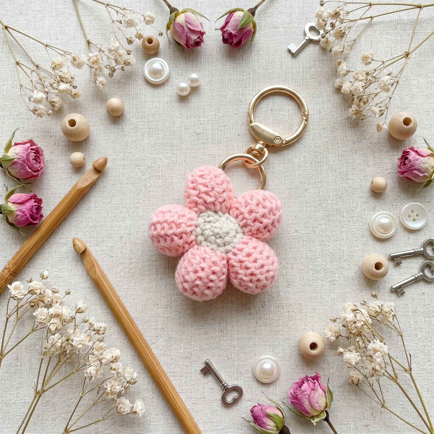 Hand-Crochet Pink Flower Yarn Keychain for a Romantic Feel!