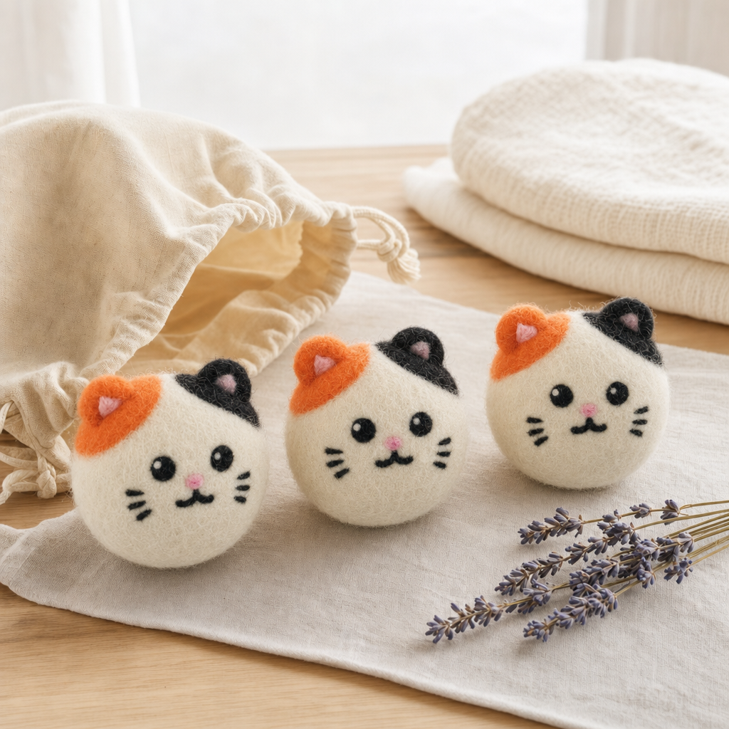 Calico Cat Wool Dryer Balls with 3D Ears – Set of 3