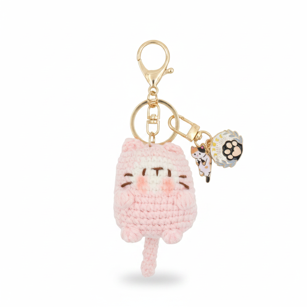 Hand-Crochet Purrfect in Pink Cat Keychain with Removable Charms