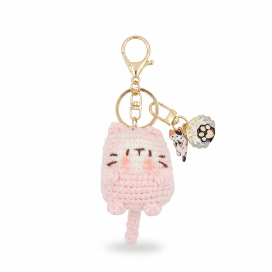 Hand-Crochet Purrfect in Pink Cat Keychain with Removable Charms