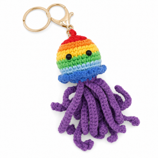 Handmade Rainbow Jellyfish Keychain - Vibrant Ocean-Inspired Knit Accessory