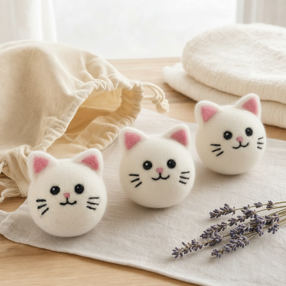 White Kitty Wool Dryer Balls with 3D Ears – Set of 3