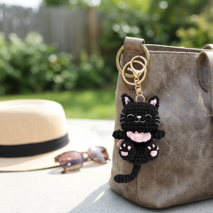 Black Cat Crochet Keychain - Smiling Amigurumi Cat Bag Charm