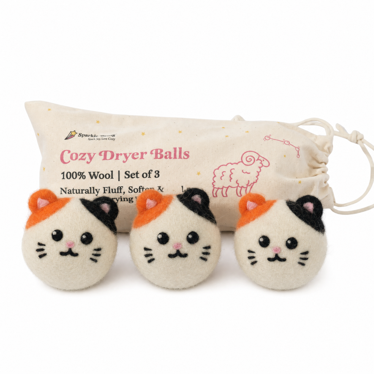 Calico Cat Wool Dryer Balls with 3D Ears – Set of 3