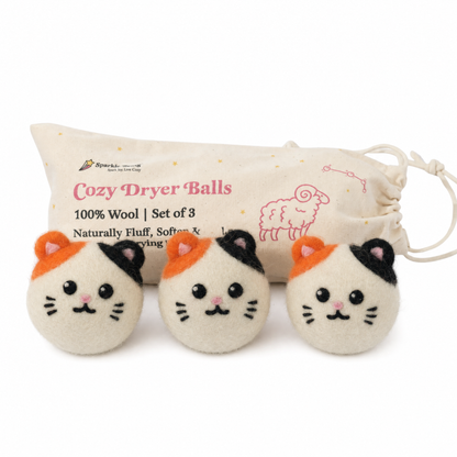 Calico Cat Wool Dryer Balls with 3D Ears – Set of 3