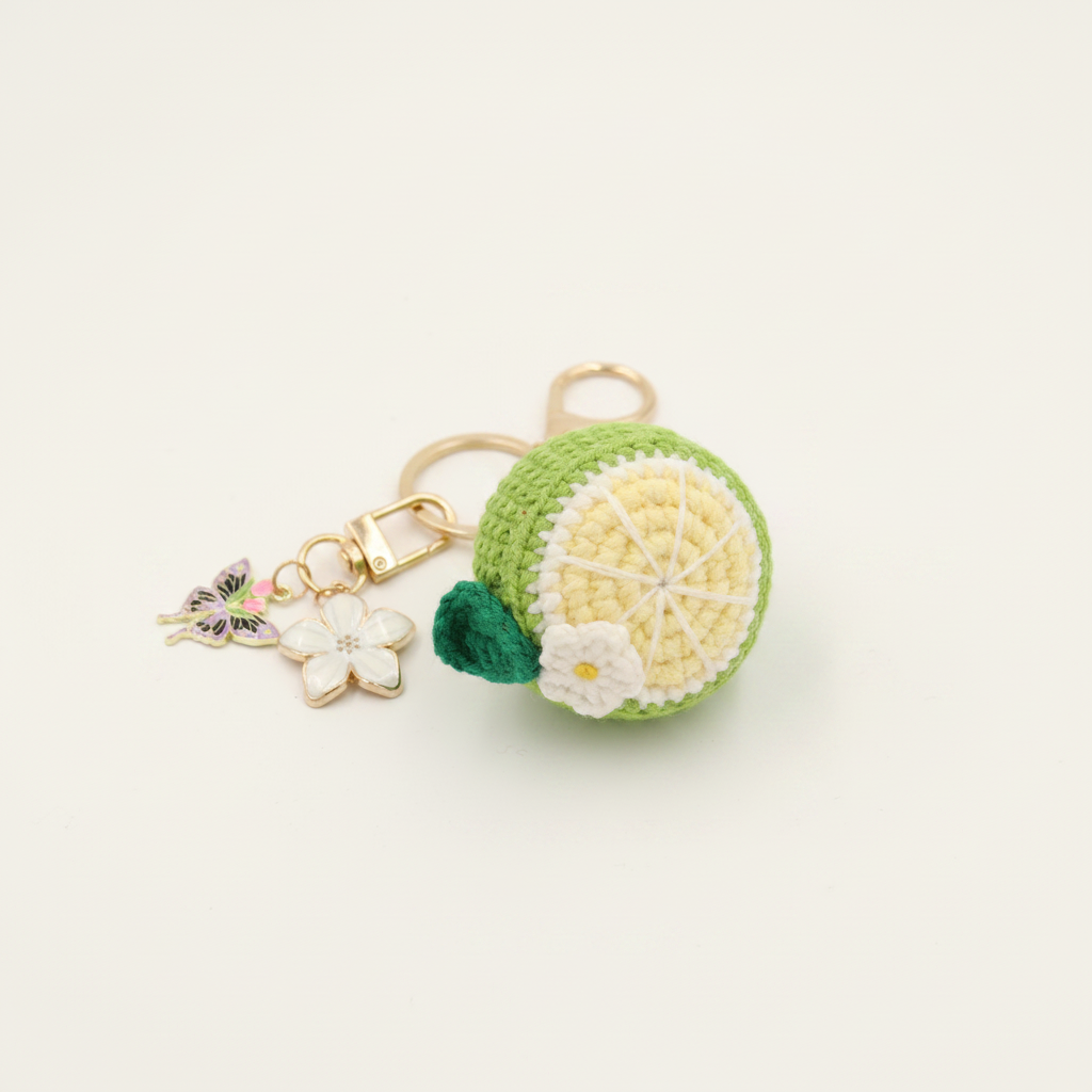 Hand-Crochet Lime Keychain with a Removable Charms