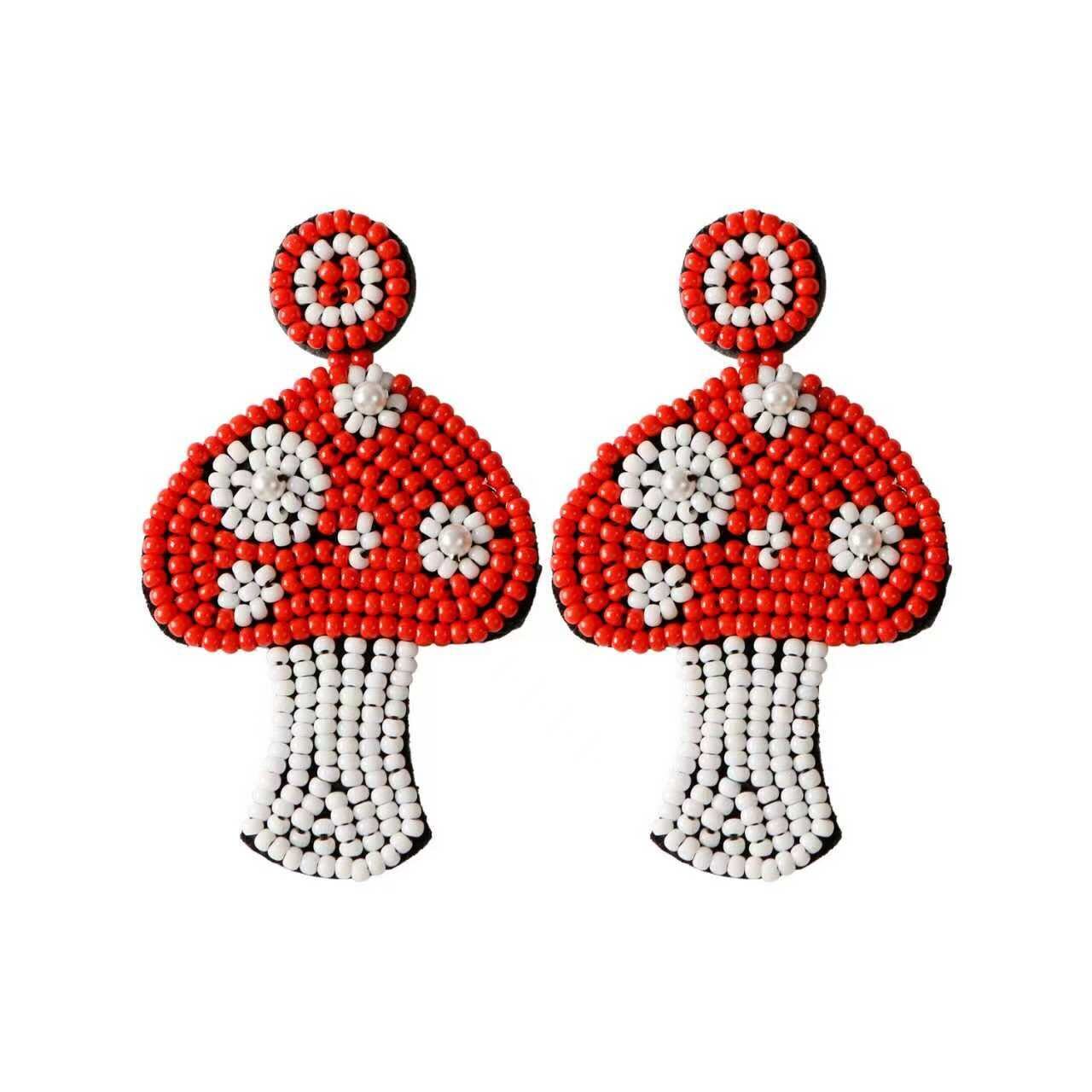 Beaded Mushroom Earrings – Red & White Statement Dangle Earrings