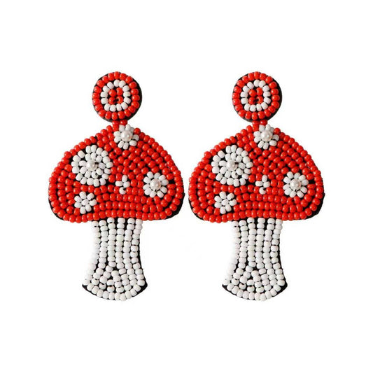 Beaded Mushroom Earrings – Red & White Statement Dangle Earrings