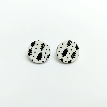 Black Leaf Pattern Round Acrylic Stud Earrings