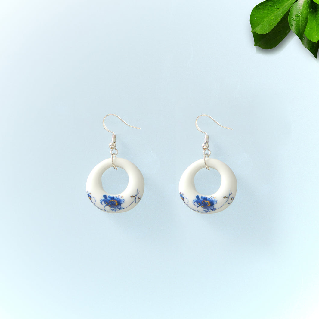 Blue and White China Porcelain Dangle Earrings - Blue Ring