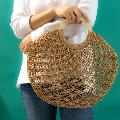 Boho Shopping Beach Woven Handbag with Wooden Handle