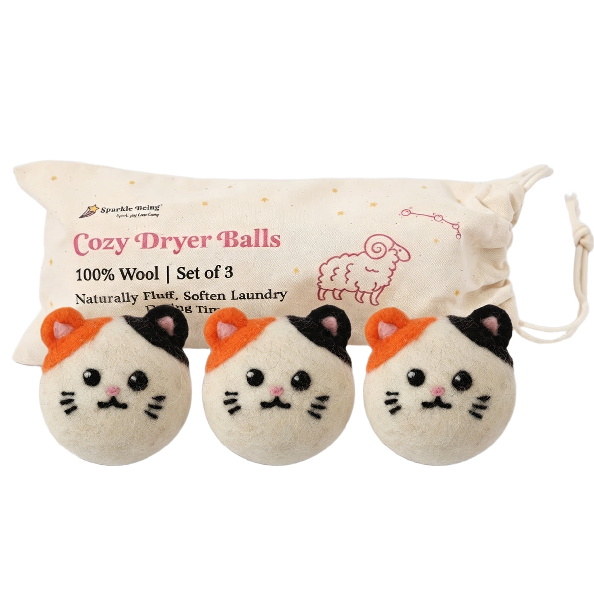 Calico Cat Wool Dryer Balls with 3D Ears – Set of 3