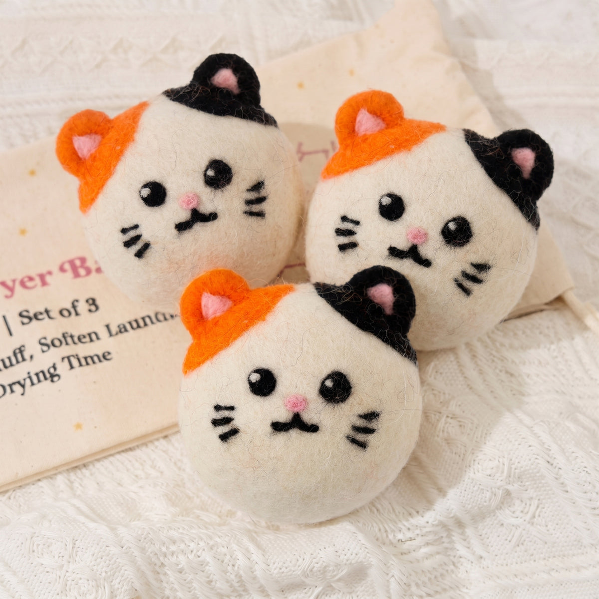 Calico Cat Wool Dryer Balls with 3D Ears – Set of 3