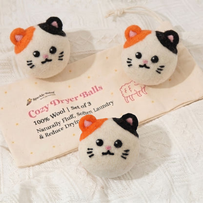 Calico Cat Wool Dryer Balls with 3D Ears – Set of 3