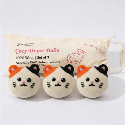 Calico Cat Wool Dryer Balls with 3D Ears – Set of 3