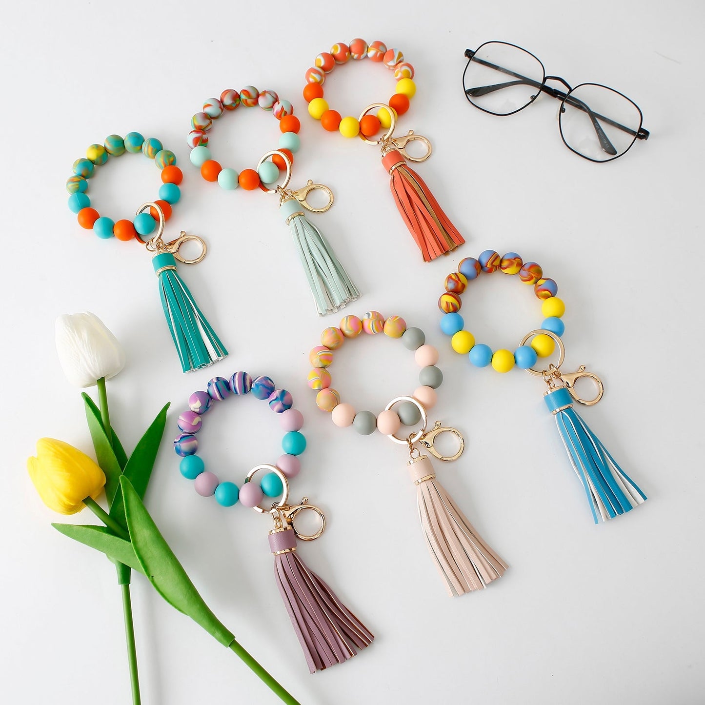 Candy-colored Silicone Beaded Tassel Wristlet Keychain Bracelets