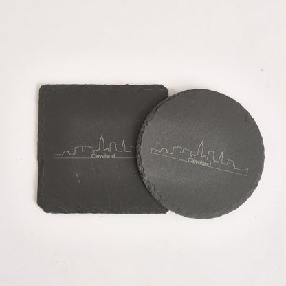 Cleveland Skyline Slate Coaster – 4-Inch Engraved Drink Coaster | Round or Square Natural Stone | Cleveland Souvenir Gift
