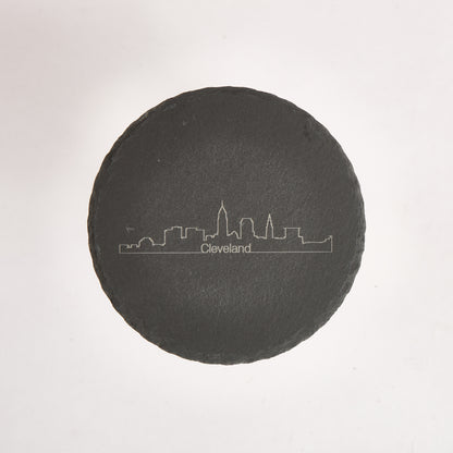 Cleveland Skyline Slate Coaster – 4-Inch Engraved Drink Coaster | Round or Square Natural Stone | Cleveland Souvenir Gift