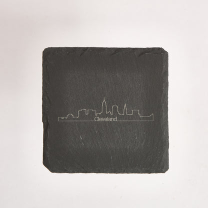Cleveland Skyline Slate Coaster – 4-Inch Engraved Drink Coaster | Round or Square Natural Stone | Cleveland Souvenir Gift