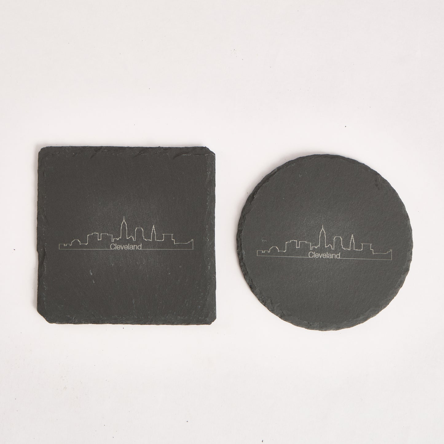 Cleveland Skyline Slate Coaster – 4-Inch Engraved Drink Coaster | Round or Square Natural Stone | Cleveland Souvenir Gift
