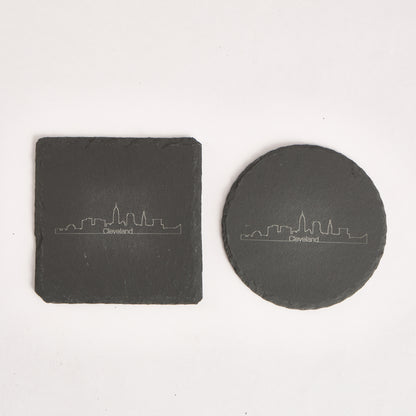 Cleveland Skyline Slate Coaster – 4-Inch Engraved Drink Coaster | Round or Square Natural Stone | Cleveland Souvenir Gift