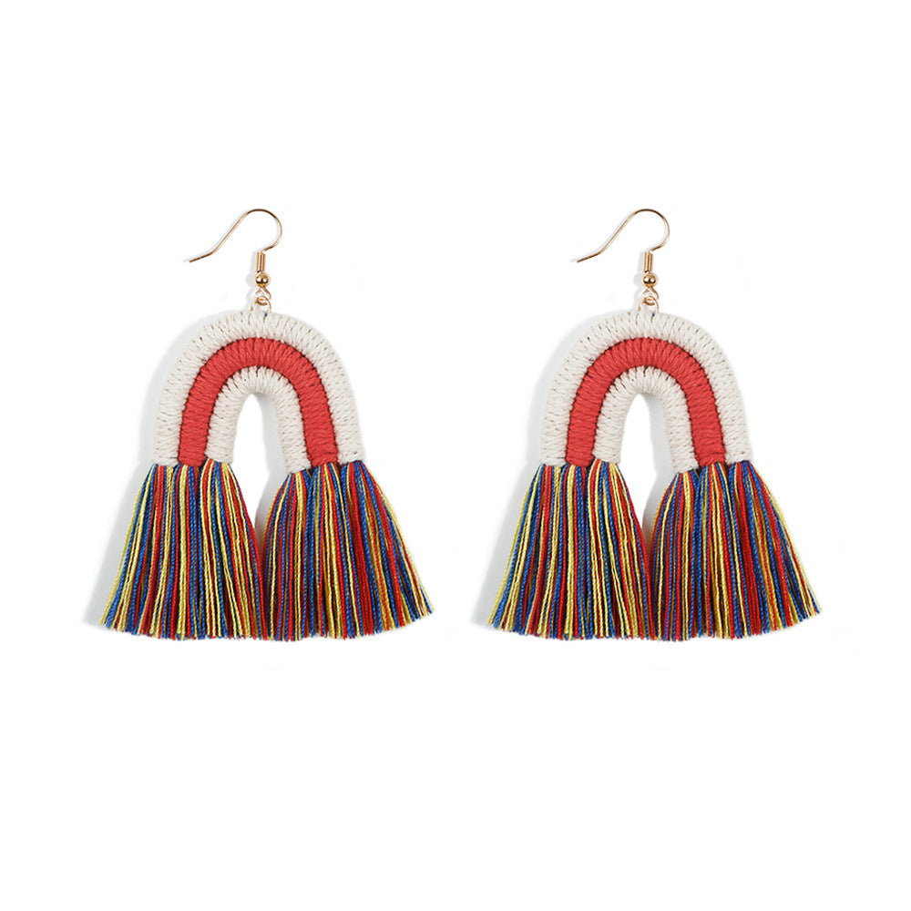 Rainbow Tassel Fringe Earrings – Handwoven Fiber Statement Dangles