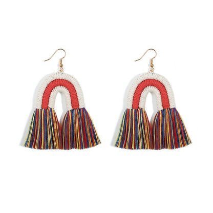 Rainbow Tassel Fringe Earrings – Handwoven Fiber Statement Dangles