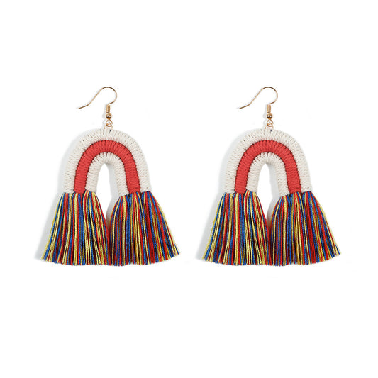 Rainbow Tassel Fringe Earrings – Handwoven Fiber Statement Dangles