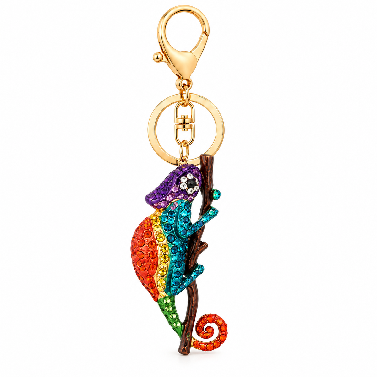 A colorful rhinestone chameleon keychain featuring a rainbow-gradient crystal lizard on a gold-toned clasp.