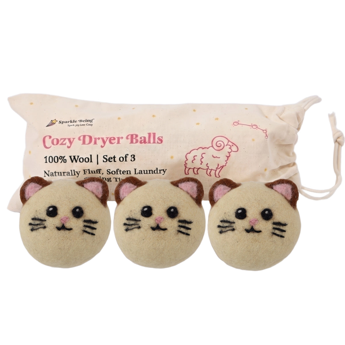Cream Cat Wool Dryer Balls with 3D Ears – Set of 3