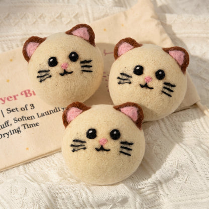 Cream Cat Wool Dryer Balls with 3D Ears – Set of 3